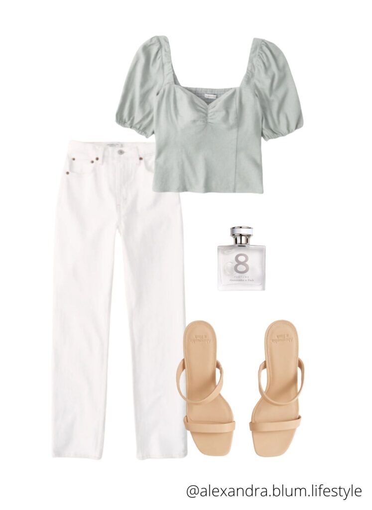 Spring Capsule from Abercrombie. Outfit Ideas. Spring Outfits made up of light blue colors. Spring style with white jeans and sweater outfit. Spring fashion for beach wear. Matching shorts and shirt outfit. Midi shirt and white tank top. Summer outfits, Summer fashion, Summer style.