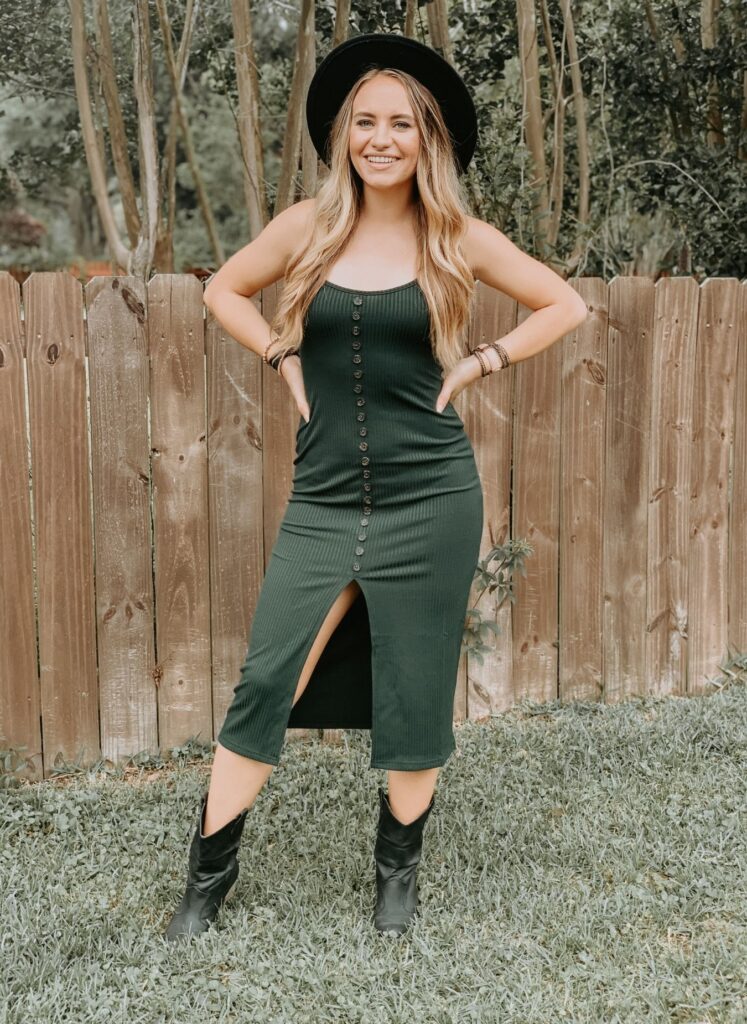 Model wearing hunter green button midi dress